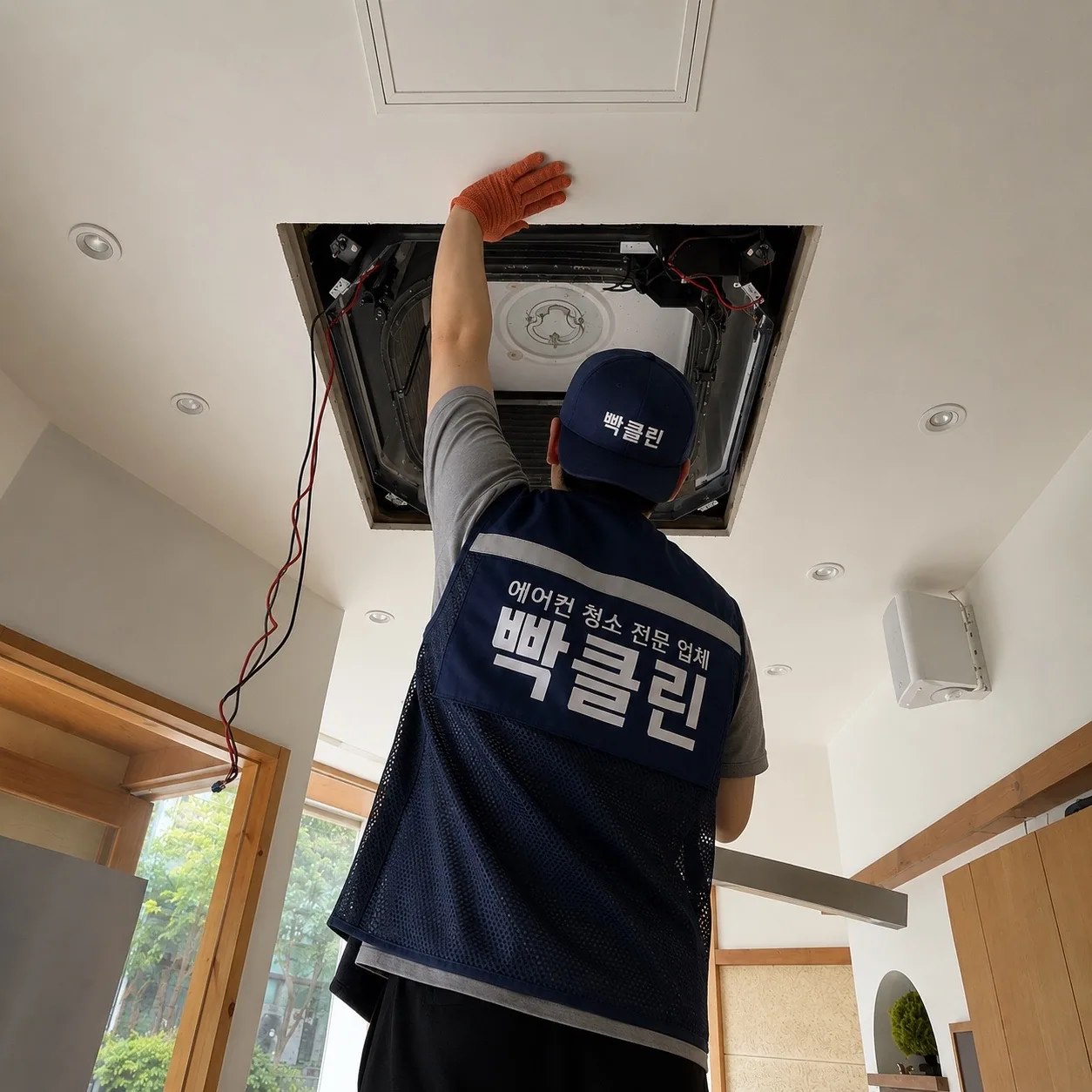 해운대 아파트 거실 천장에 매립된 시스템에어컨 판넬을 빡클린 기사가 열고 있는 모습